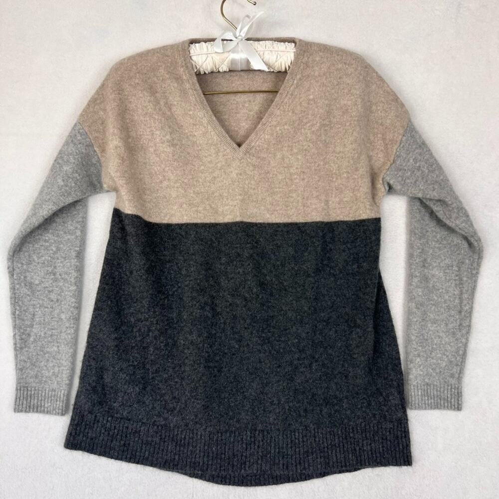 White Warren Womens Sweater Sz L Cashmere Color Block V Neck Long Sleeve
